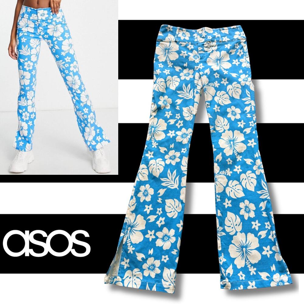 ASOS Hipster Bengaline Flare Pants Blue Hawaiian Hibiscus Floral Beach Surfer